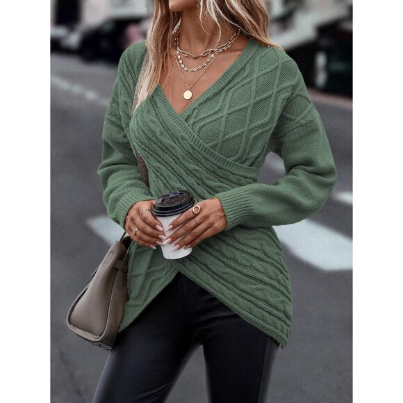 Womens Knit Sweater V Neck Long Sleeve Cross Wrap Casual Fall Winter Top - Picture 6 of 6
